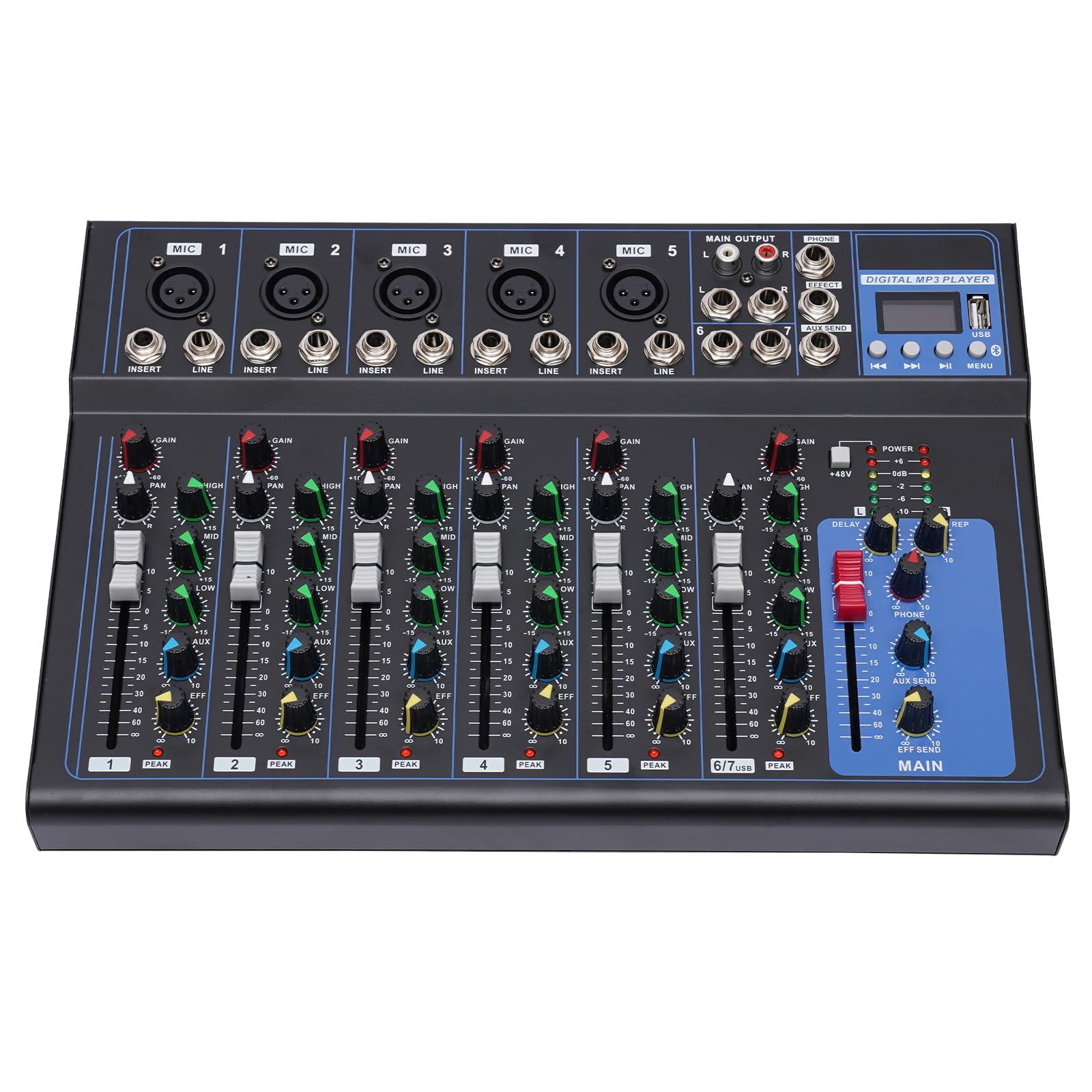 7 Kanal Audio Mischpult Konsole Verstärker USB DJ Live Mixer Studio Bluetooth 6 Musikmodi Natürlich/Pop/Rock/Jazz/Klassik/Land für Aufnahmestudio DJ Mixer Konsole Stereoanlage Streaming