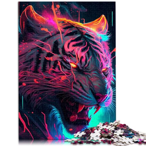 Puzzle zum Verschenken, Synthwave Tiger-Puzzle 1000 Teile für Erwachsene, Holzpuzzle mit vollständig ineinander greifenden und zufällig geformten Teilen, 1000 Stück (50 x 75 cm)