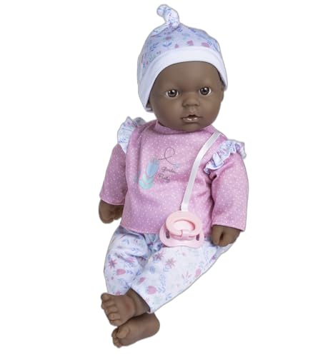 JC TOYS La Baby, afroamerikanische Puppe, 40 cm, weicher und waschbarer Körper, magische Flasche und Schnuller, Rosa, Blumenmuster, entworfen in Spanien, 12 Monate