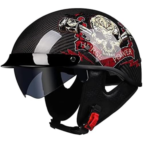 BYFHHHH Halbschalenhelm, ECE-Zugelassener Carbonfaser-Motorradhelm, Helm-Scooter, Integriertes Visier, Verstellbarer Schnellverschlussgurt, Für Cruiser, Chopper, Biker, Moped F,XL=61~62CM