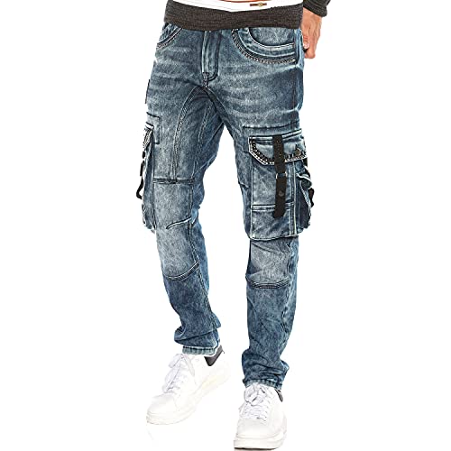 Cipo & Baxx Herren Jeans Hose Straight Fit Nieten Cargo Denim Emblem Regular Pants CD650 Blau W32 L34