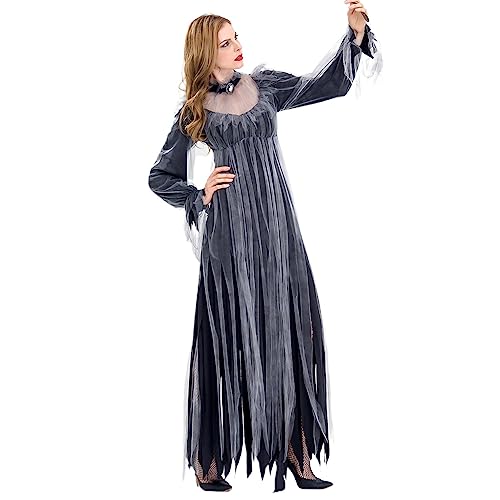 Avejjbaey Frauen Halloween Braut Schwarzes Hexenkleid Cosplay Kostüm Outfit