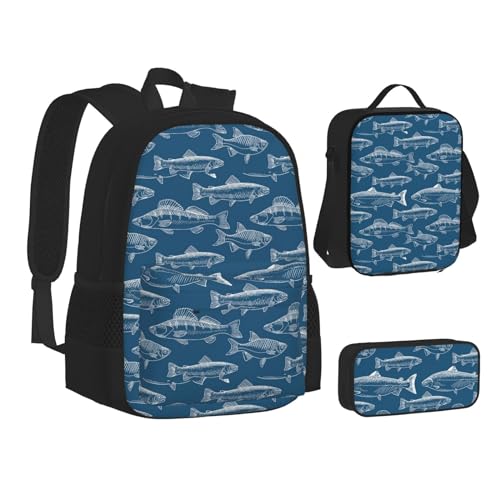 WURTON Büchertasche mit Jagdmotiv und Hirschmotiv, 3-in-1, Schulrucksäcke, Kinderrucksack-Set, Meeresfische, Einheitsgröße