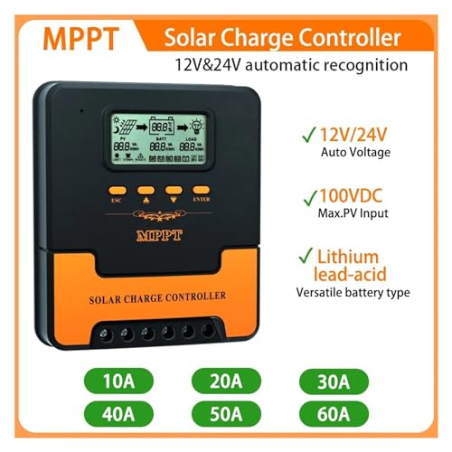 Solarregler, 10A/20A/30A/40A/50A/60A Auto MPPT Solar Laderegler 12V/24V LCD Dual USB Solar PV Regler(20A)