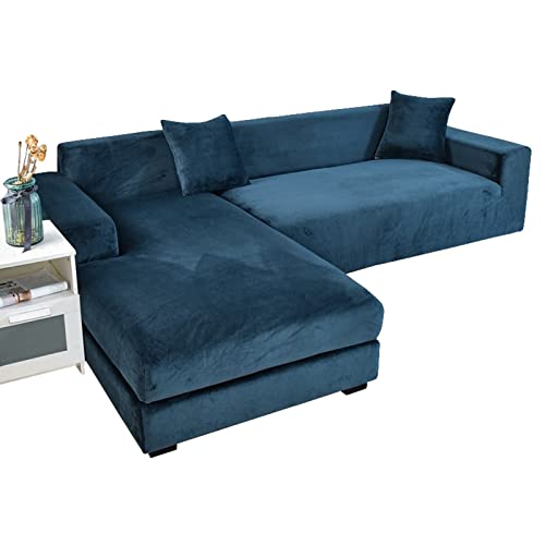 JHLD Stretch Sofabezug L Form Samt, Sofabezug L Form Samt 2 Stück weiche Sofa Abdeckung Sofa Überwürfe Mit elastischem Boden Für Hunde Katzen -blau A-4-Sitzer + 4-Sitzer