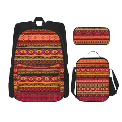 WURTON Mexikanische Volkskunst, Boho-Druck, trendige Rucksacktaschen, Lunchbox und Federmäppchen, 3-in-1, verstellbares Rucksack-Set, Schwarz, Einheitsgröße, Schwarz , Einheitsgröße