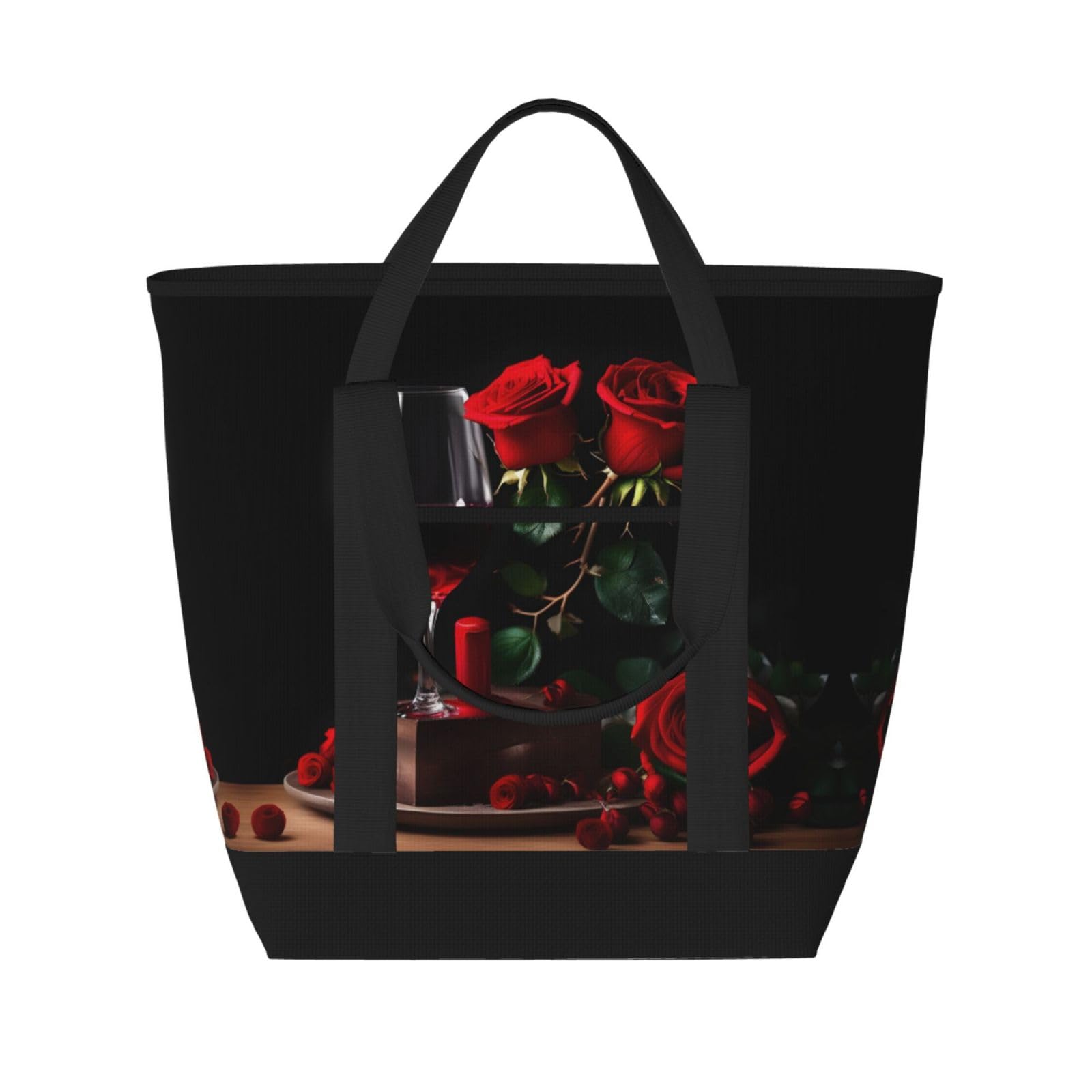 YQxwJL Rote Rose und Wein, romantischer Deko-Druck, großes Fassungsvermögen, isolierte Kühltasche, Einkaufstasche, Reisetasche, Strand, wiederverwendbare Einkaufstasche für Erwachsene, Schwarz,