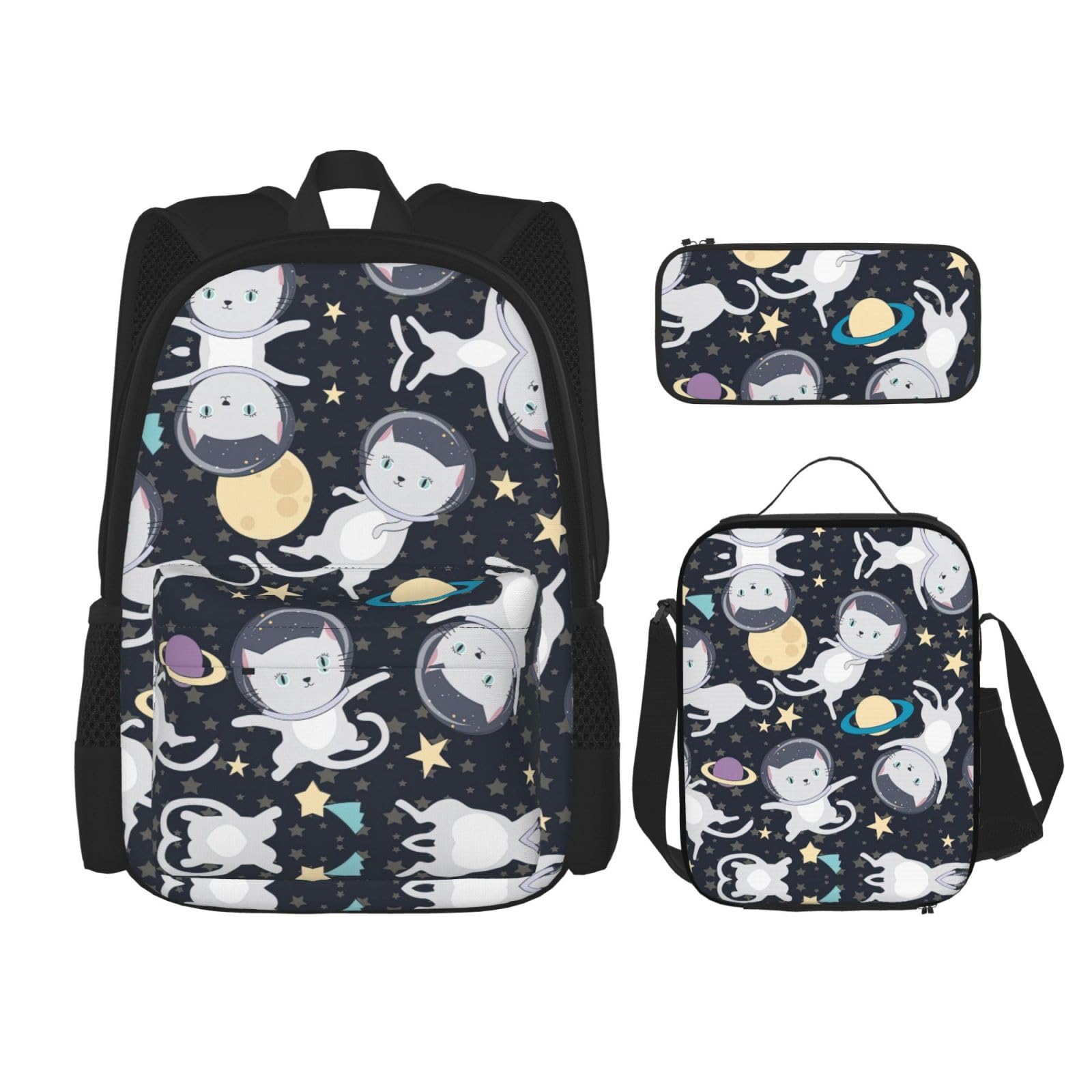 WURTON 3-in-1 Büchertaschen-Set, Motiv: lustige Katze, Astronauten-Druck, verstellbarer Schulter-Rucksack, Lunch-Tasche, Federmäppchen, Beutelbox, Schwarz, Einheitsgröße