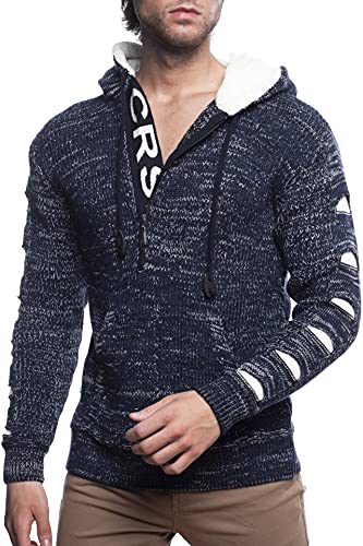 Karl´s People Herren Strick-Pullover mit Kapuze gefüttert| Männer Winter-Pullover mit Kängurutasche |stylischer Herren Strick-Pulli | angenehmer Herren Kapuzenpullover K-116 Navy XXL