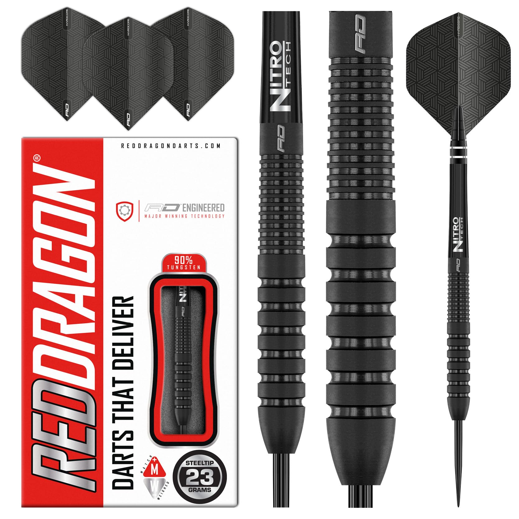 RED DRAGON Phantom - 23 gram Tungsten Professional Darts Set with Flights and Nitrotech Shafts (Stems)