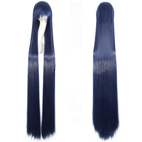 LINLINCD-150cm Straight Super Long Anime Cosplay Wig With Bangs Synthetic Hair Black Blue Purple Red Orange White Wigs For Women Rose Net white dark blue