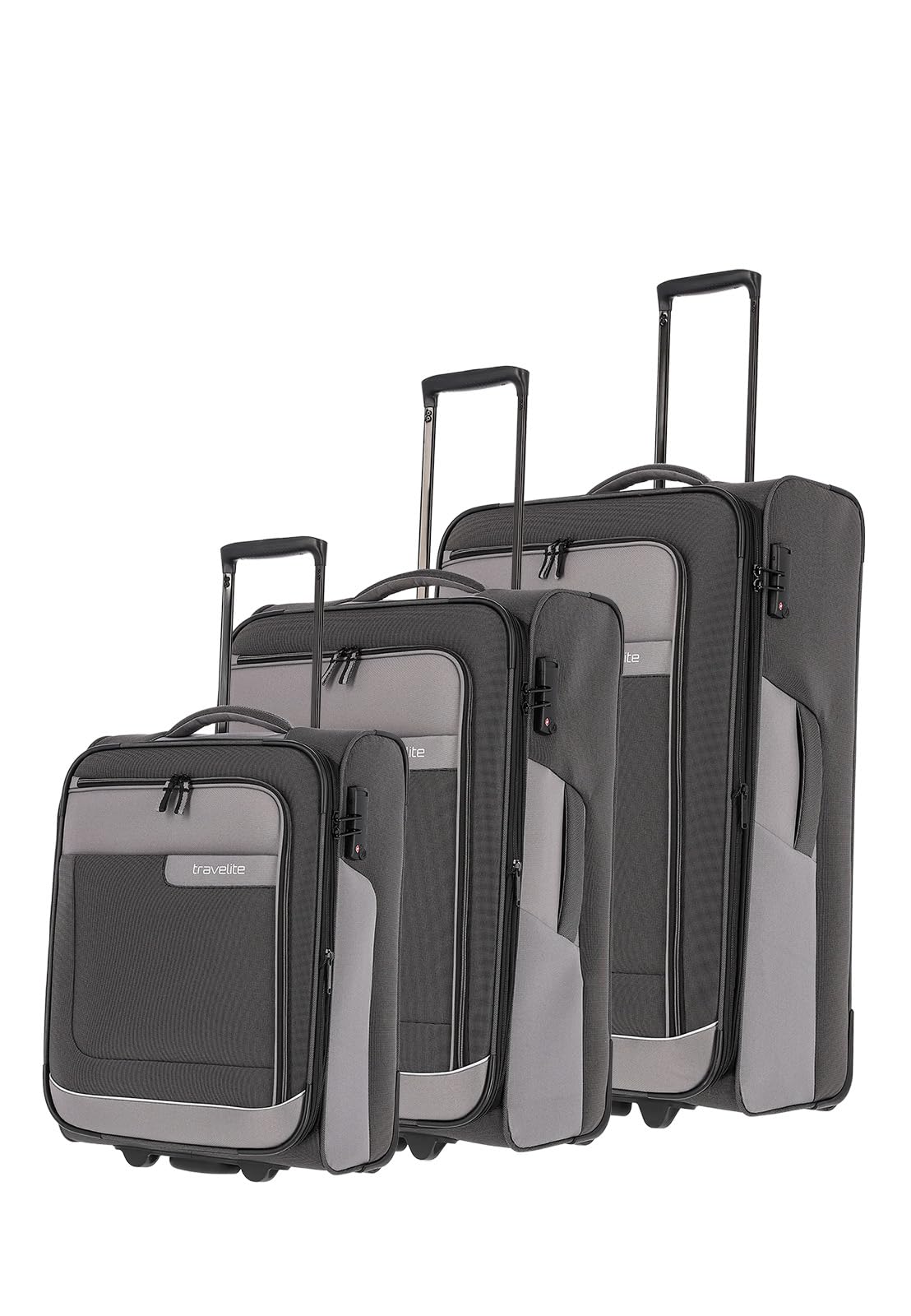 Travelite Kofferset 3 teilig Weichschale Größen S-M-L, nachhaltig, VIIA, 2 Rollen, Weichschalenkoffer Set aus recyceltem Material, TSA Schloss