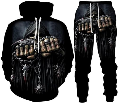 RIAAJ 3D Schädel Hoodie Männer Trainingsanzug Jogging Set Männer Sportanzug Männer Sweatshirt Hosen (A2,2XL)