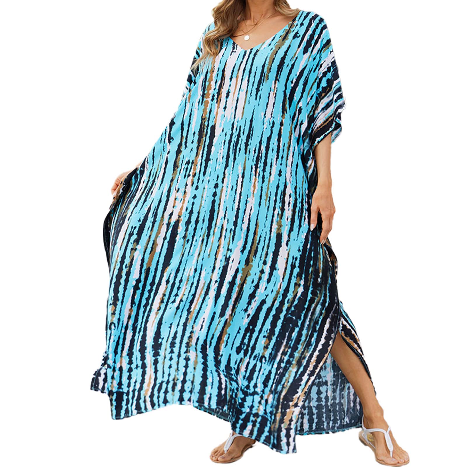 Übergroßer Kaftan, V-Ausschnitt, Strand-Badeanzug, gestreifter Druck, lockerer Kaftan, Kaftan für Wasser