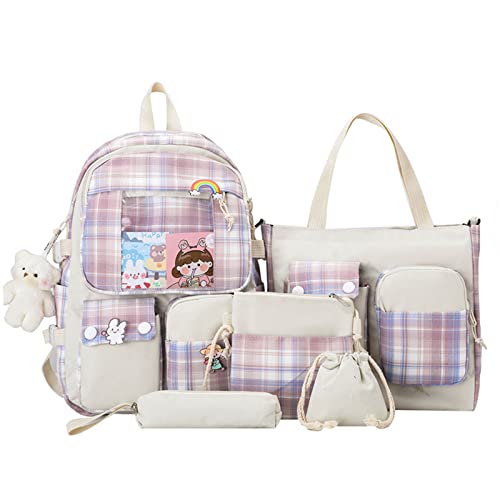 HDKEAN Rucksack, 5-teilig, Schul-, Schüler-Büchertaschen, lässiger Tagesrucksack, Handtasche, Schultertasche, Kordelzug, Federmäppchen, Set, violett, Width, height and thickness 29x43x14cm