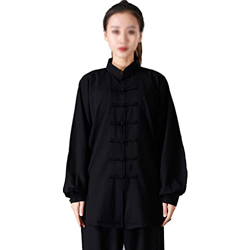 ZHOUXIAO Baumwollleinen Taichi Uniform Frau Stretch Martial Arts Anzug Kung Fu Kleidung Zen Meditation Kleidung Morning Übungen Kleidung Langarm Jacke Hemd Hosen black1-XL