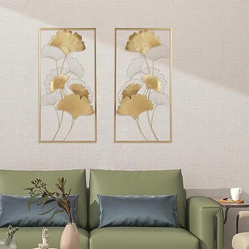 2 Stück Metall Wanddeko Wanddekoration Gold Ginkgo, Groß Home Wall Art Dekoration, Wandaufkleber 3D, Moderne Wanddekoration Wandskulptur für Wohnzimmer Schlafzimmer Esszimmer Büro Hotel (50*99cm)