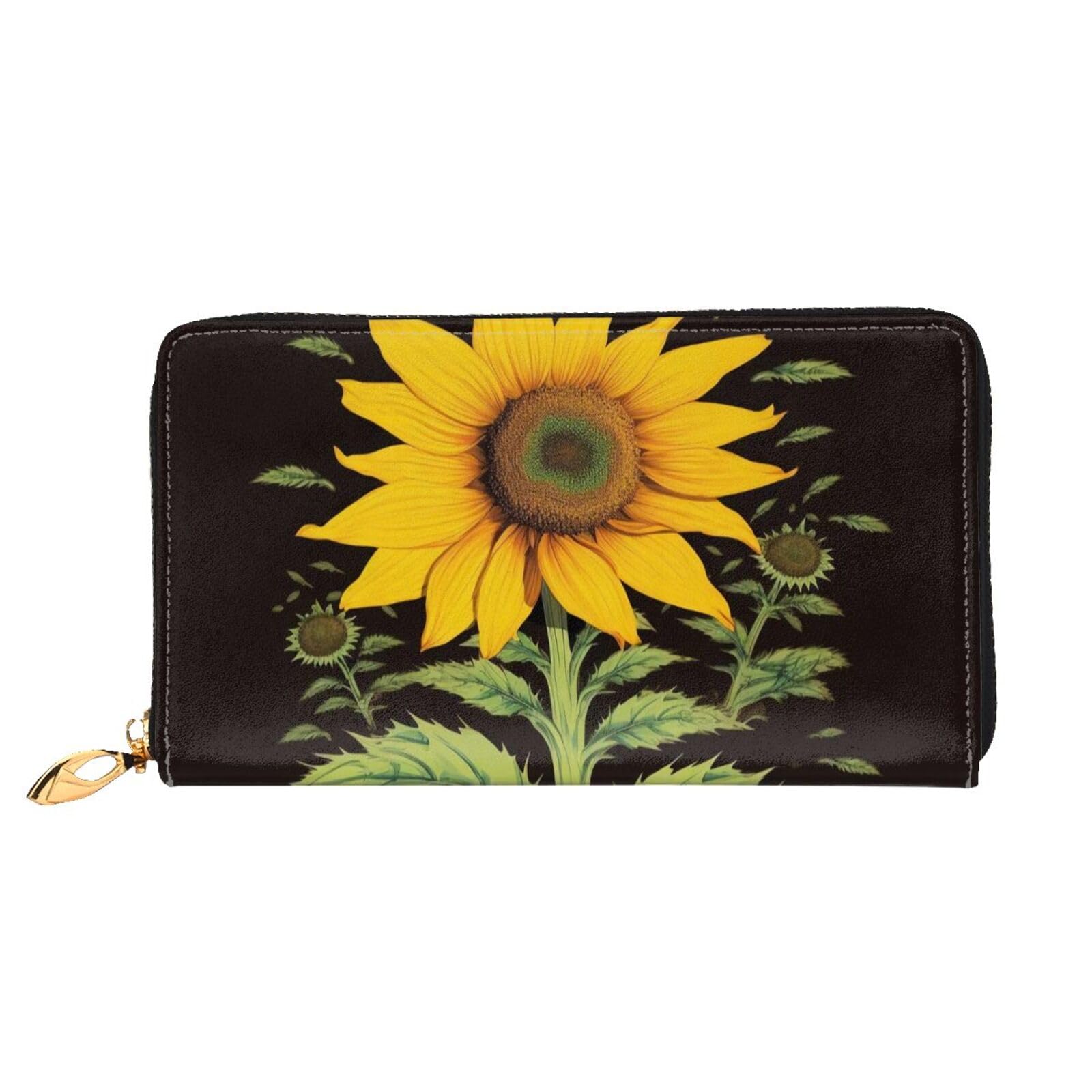 DENMER Gelbe Blumen Schmetterlinge Leder Geldbörse Kunstleder mit metallischem Reißverschluss geräumiges und stilvolles Accessoire für moderne Frauen Produkt, Unkraut mit Sonnenblume, Einheitsgröße,