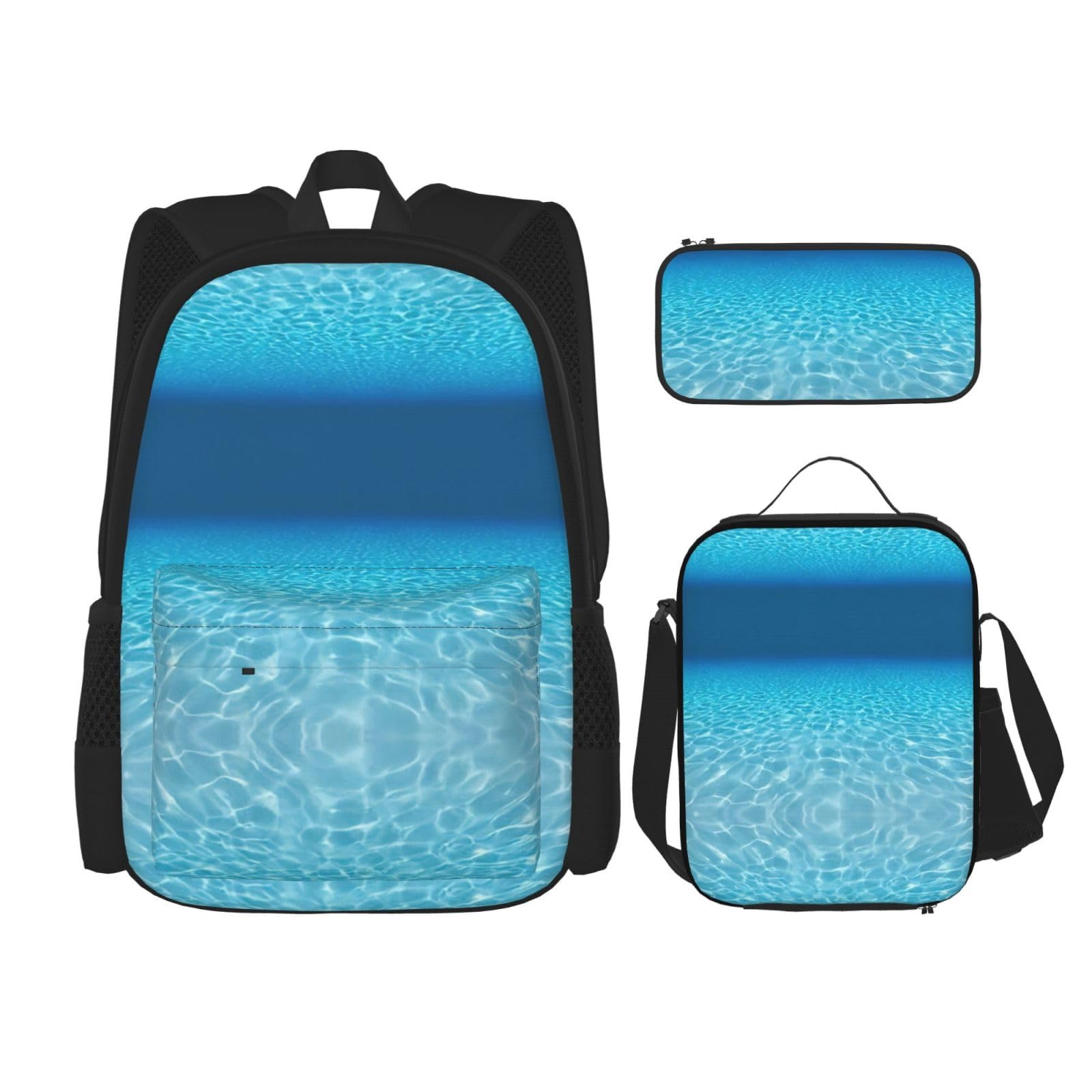 WURTON Ruhiges Unterwasser-Landschafts-Druck, verstellbare Schultergurte, Rucksack-Set, Lunchtasche, Federmäppchen, Kombinationstaschen-Set, Schwarz , Einheitsgröße