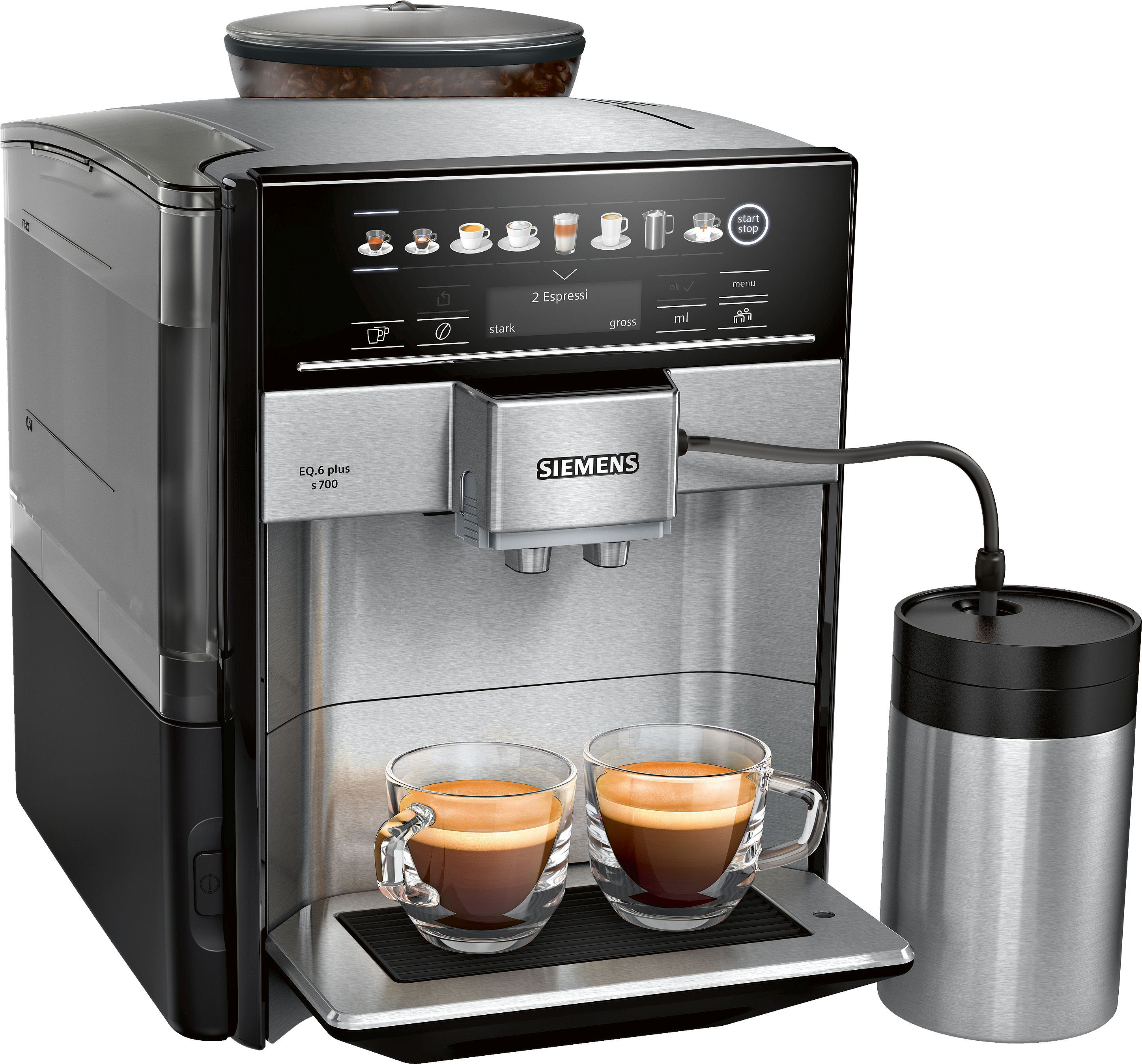 SIEMENS Kaffeevollautomat "EQ6 plus s700 TE657M03DE, viele Kaffeespezialitäten, Doppeltassenfunk", Edelstahl-Milchbehälter, automatische Dampfreinigung, edelstahl