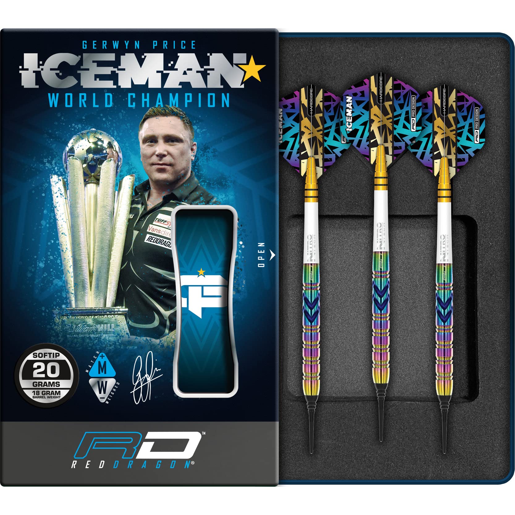 RED DRAGON Gerwyn Iceman Price Ionic 18 Gramm Softip Premium Tungsten Dartset mit Flights und Stielen