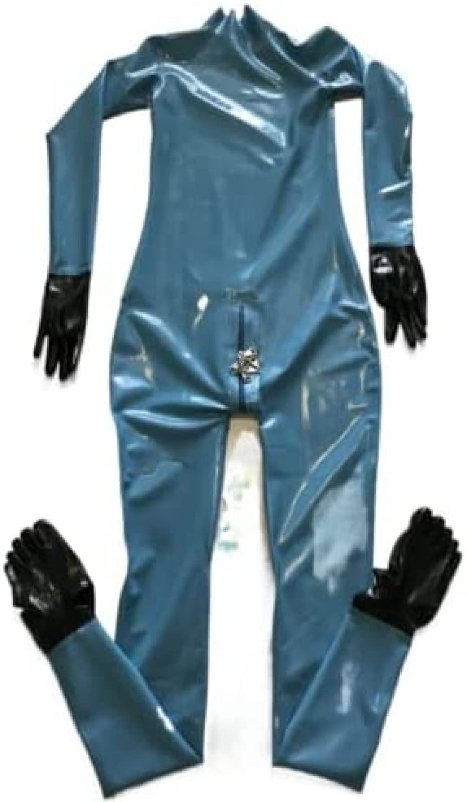 Latex Catsuit Handschuhe Zehensocken Mit Abschließbarem Schrittreißverschluss, Blau,Gold,XS