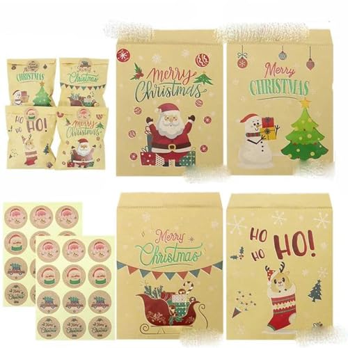 24 x Weihnachts-Kraftpapiertüten, Weihnachtsmann, Schneemann, Weihnachtsfeier, Gastgeschenke, Weihnachten, Süßigkeiten, Kekse, Geschenktüte, Verpackung, Zubehör, 24 Sets, Weihnachtsfarbe, 2 - 24 Sets