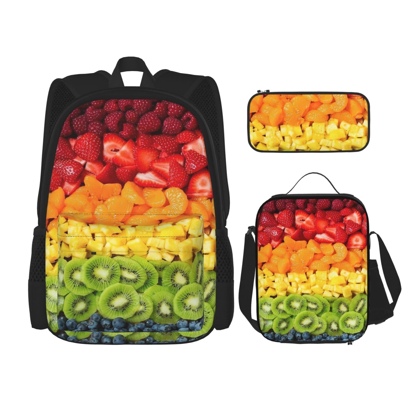 WURTON 3-in-1-Set mit Obst-Regenbogen-Druck, lässig, verstellbar, Schulter-Rucksack, Lunch-Tasche, Federmäppchen, Beutel, Schwarz, Einheitsgröße