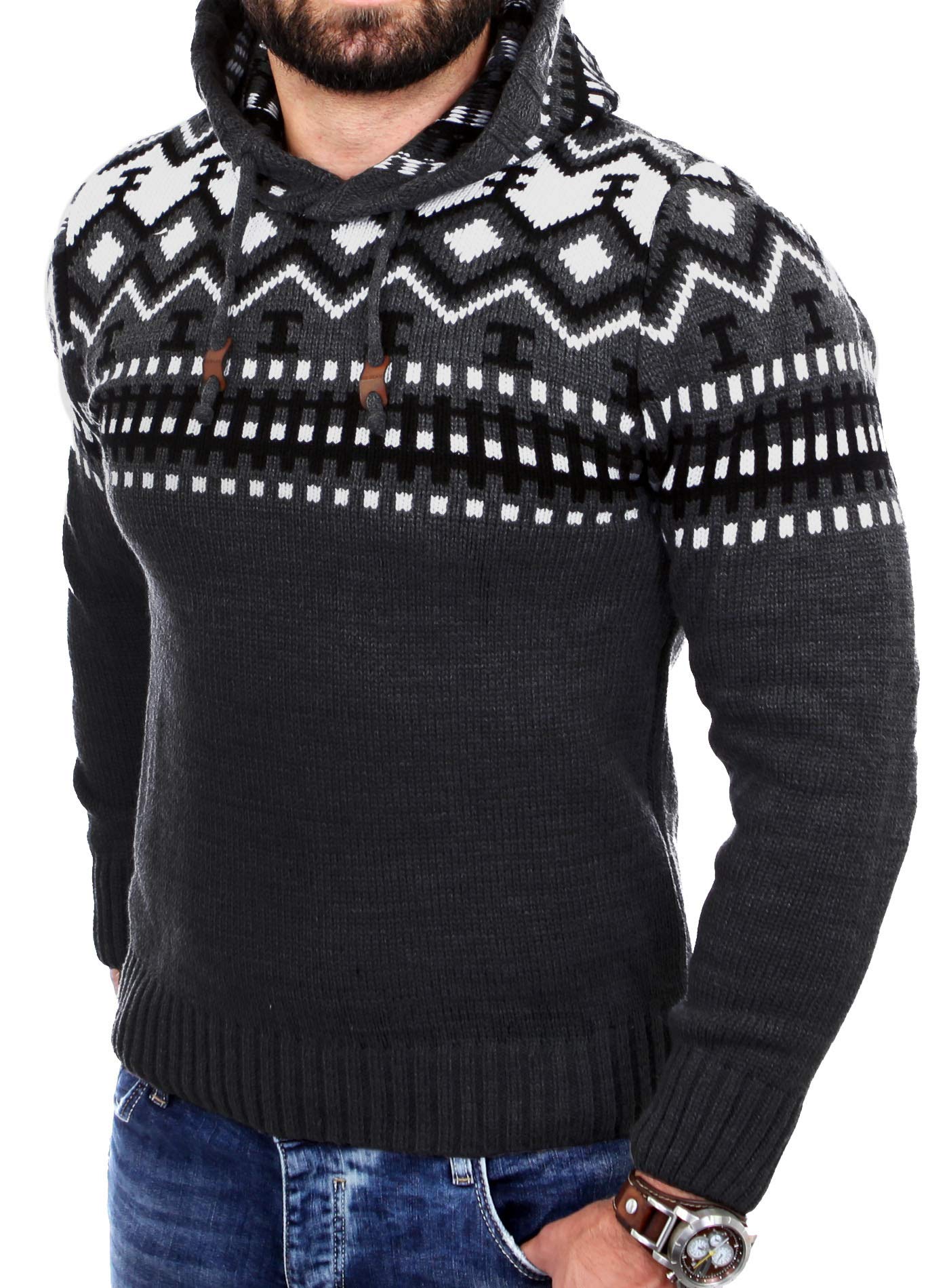 Reslad Norweger Pullover Herren Winterpullover Kapuzenpullover | Strickpullover für Männer RS-3013 (XL, Dunkelgrau)