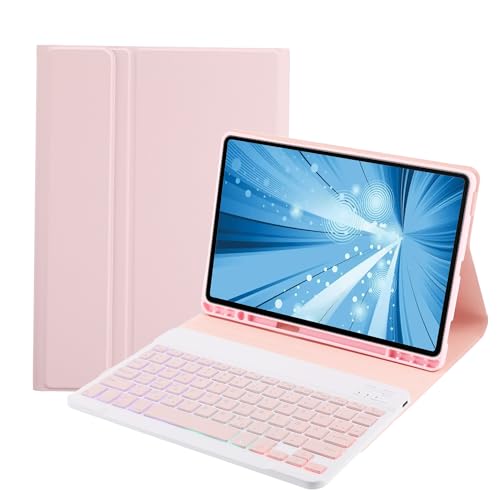 SUEEWE Tastatur Hülle für iPad Pro 11 Zoll (2024, 5. Generation), TPU Rückseite Hülle mit 3 Bereich 7 Farbe Beleuchtete Abnehmbarer QWERTZ Tastatur, Rosa