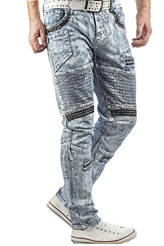 Cipo & Baxx Herren Jeans Hose Straight Fit Waschung CD529 Blau Ziernähte Biker Hose Denim Design Blau W36 L34