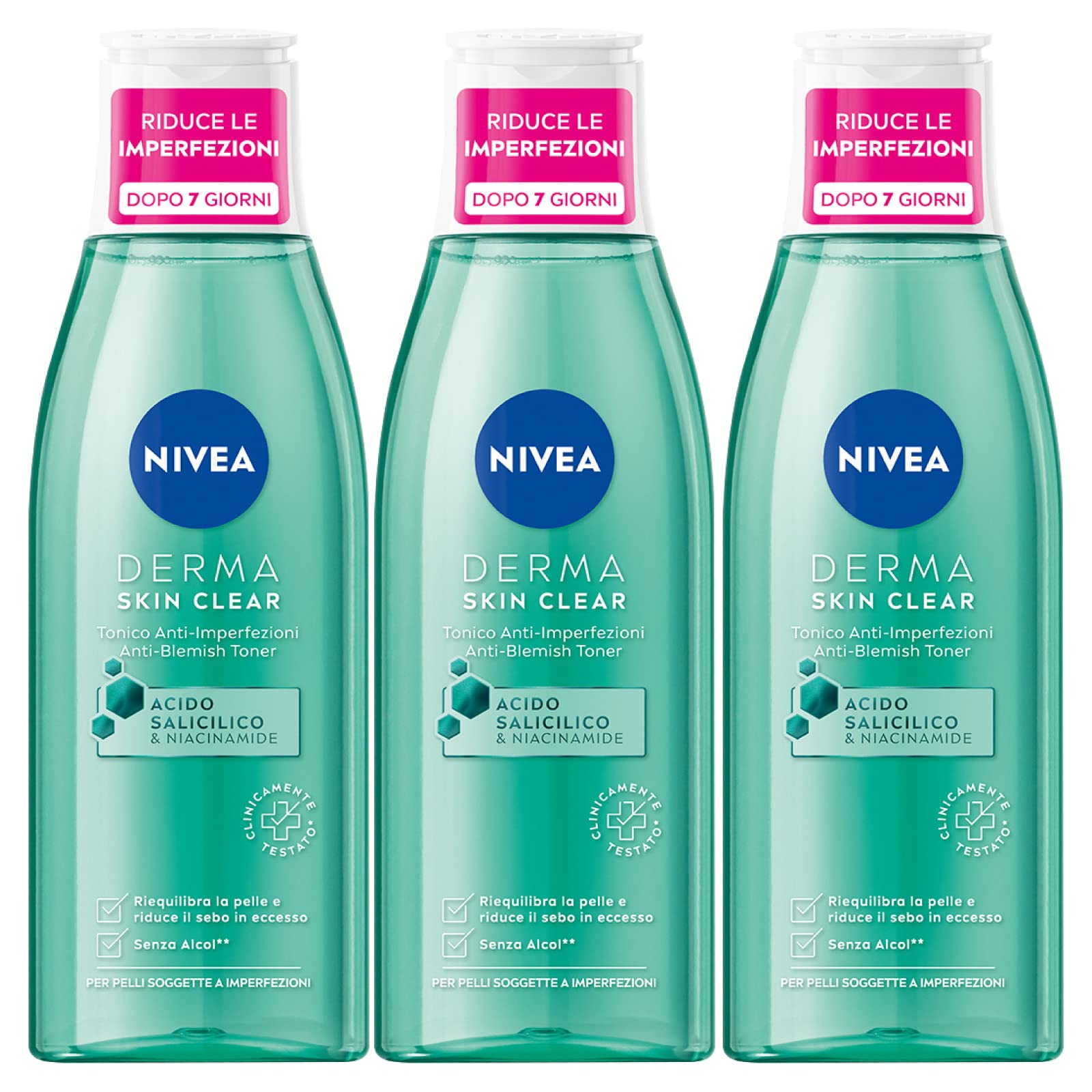 Nivea Derma Skin Clear Tonic Gesicht Anti-Imfektion Vegane Formel ohne Alkohol mit Salicylsäure und Niacinamid zur Gleichgewicht der Haut und zur Reduzierung von überschüssigem Talg - 3 Flaschen à 200 ml