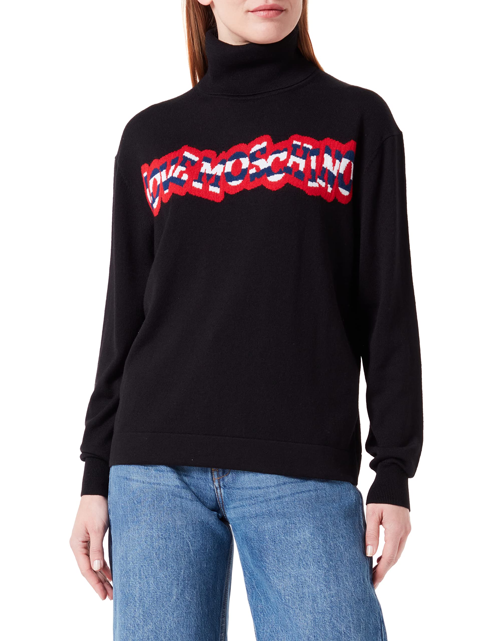 Love Moschino Women's Long-Sleeved Turtleneck with Striped Logo Pullover Sweater, Black, 42