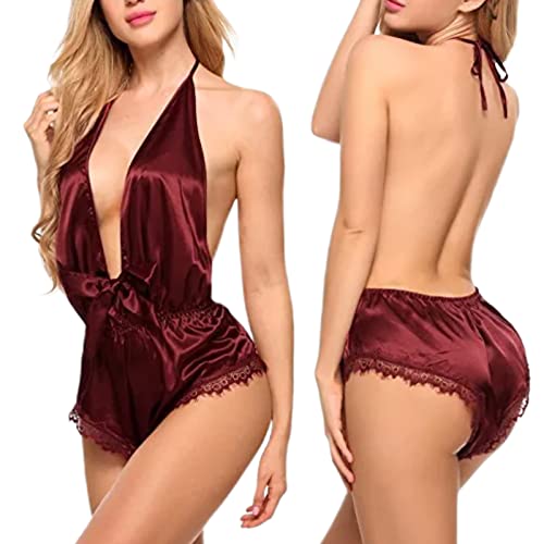 Erotische Dessous Für Damen Hollow Lace Bodysuit Large Sexy V Neck Backless One Piece Pyjamas Red L