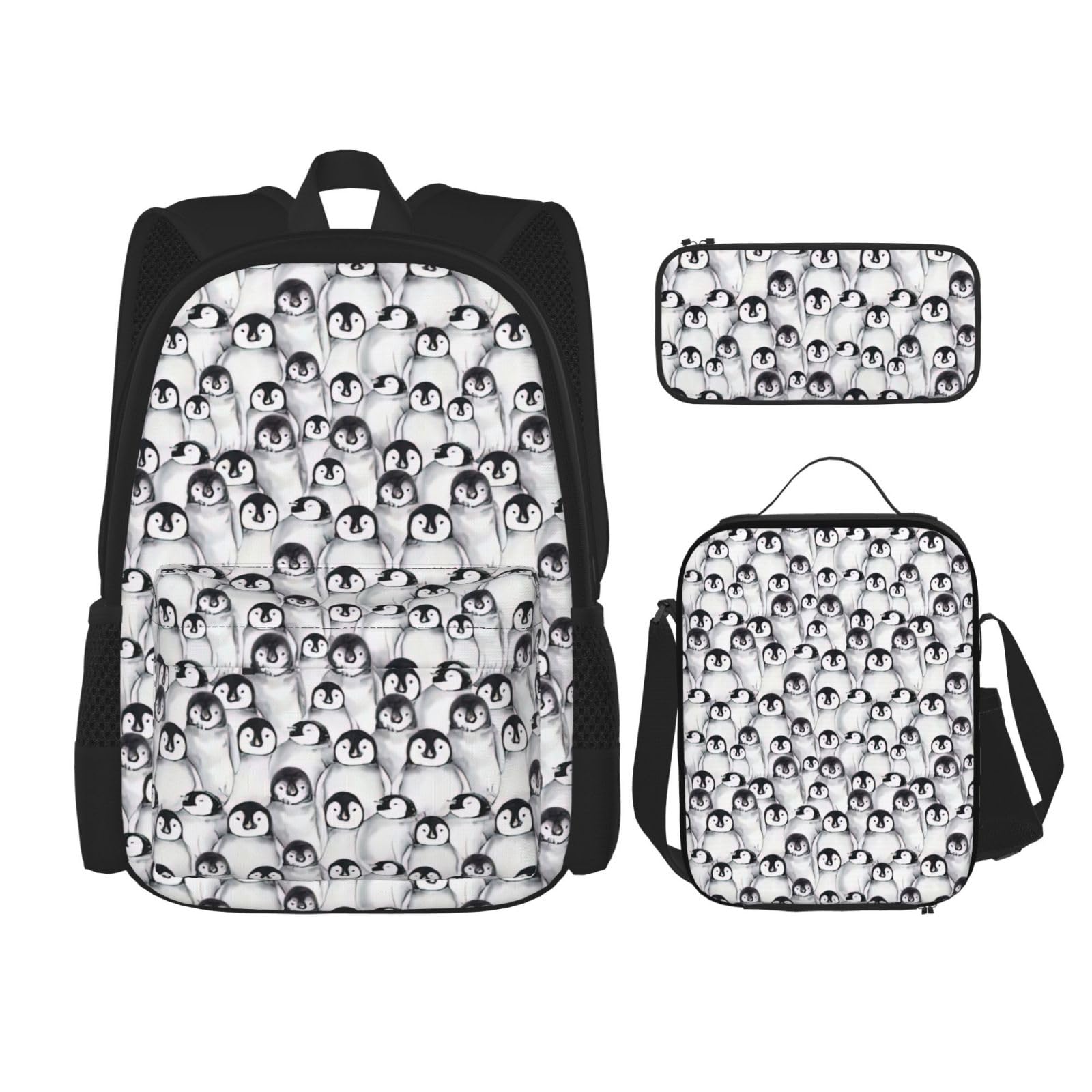 WURTON 3-in-1 Büchertaschen-Set mit niedlichem Pinguin-Skizzendruck, verstellbarer Schulter-Rucksack, Lunch-Tasche, Federmäppchen, Beutel, Schwarz, Einheitsgröße