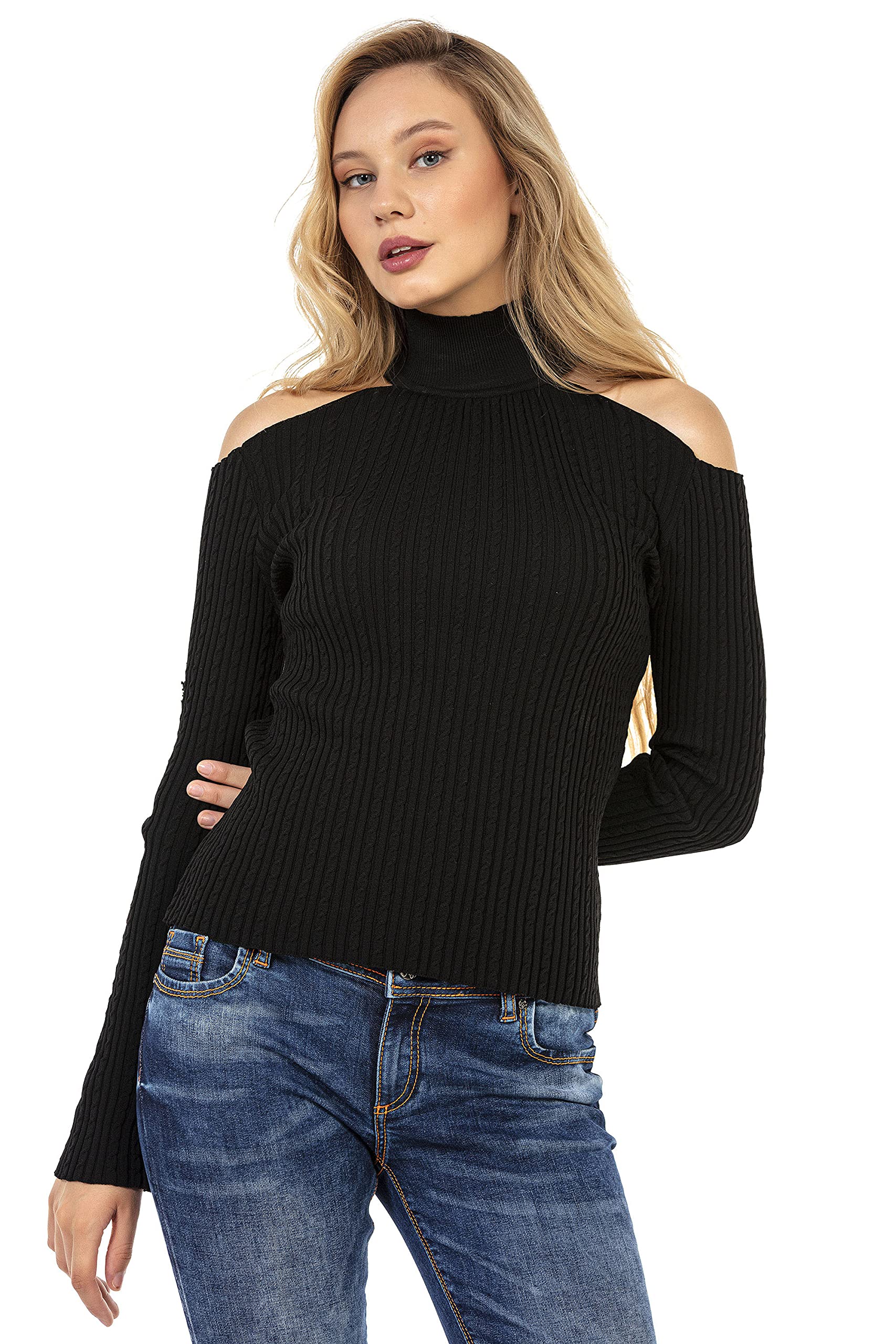 Cipo & Baxx Damen Pullover Rollkragen Pulli Rippenstrick Off Shoulder Schulterfrei WP205 Schwarz M