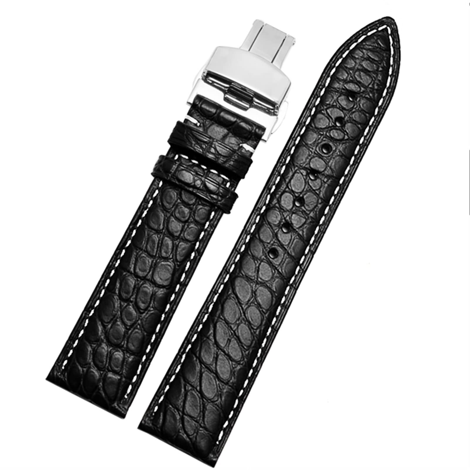 SCRUBY Crocodile -Leder -Uhrband für jedes Marken -Armband 12 13 14 15 mm Träger mit Klappverschluss(Black white silver,12mm)