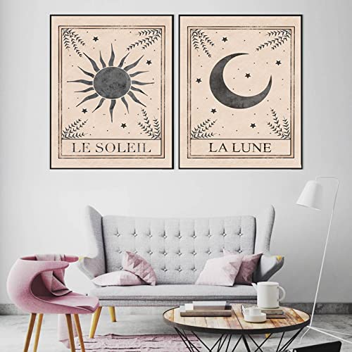 Minimalistische Himmlische Poster Gemälde Mondphasen Lunar Le Soleil Kunstdrucke Vintage Leinwand Bild Bild Dekoration Wand Bilder FüR Wohnzimmer Dekor Rahmenlos 60×80cm×2 StüCk