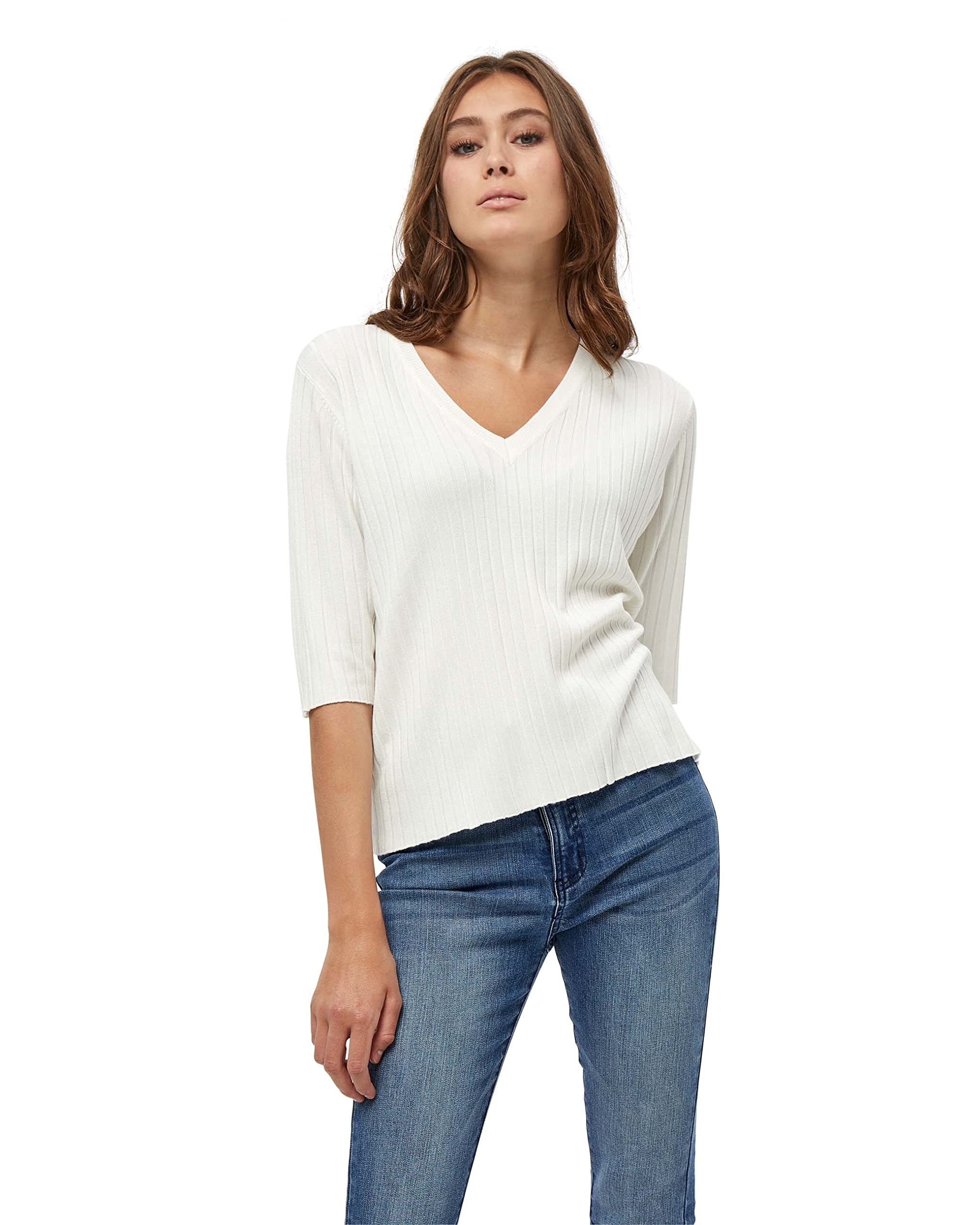 Peppercorn Tana V-Ausschnitt Halb Ärmel Rib Pullover | Pullover Damen In White | Frühling Pulli Damen | Größe L