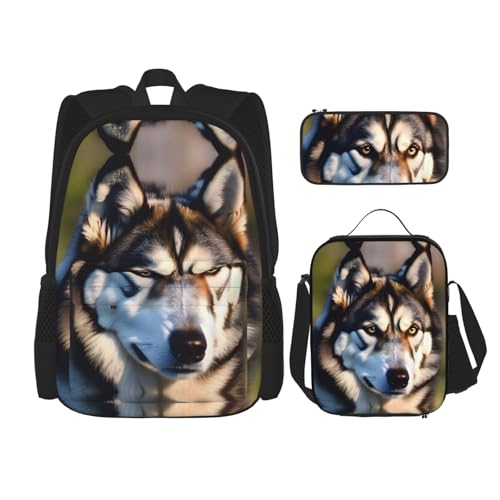 WURTON Lunchbox mit hübschem Husky-Druck, Federmäppchen, Rucksack-Set, 3-teilig, verstellbare Riemen, langlebig, leicht, Schwarz, One Size