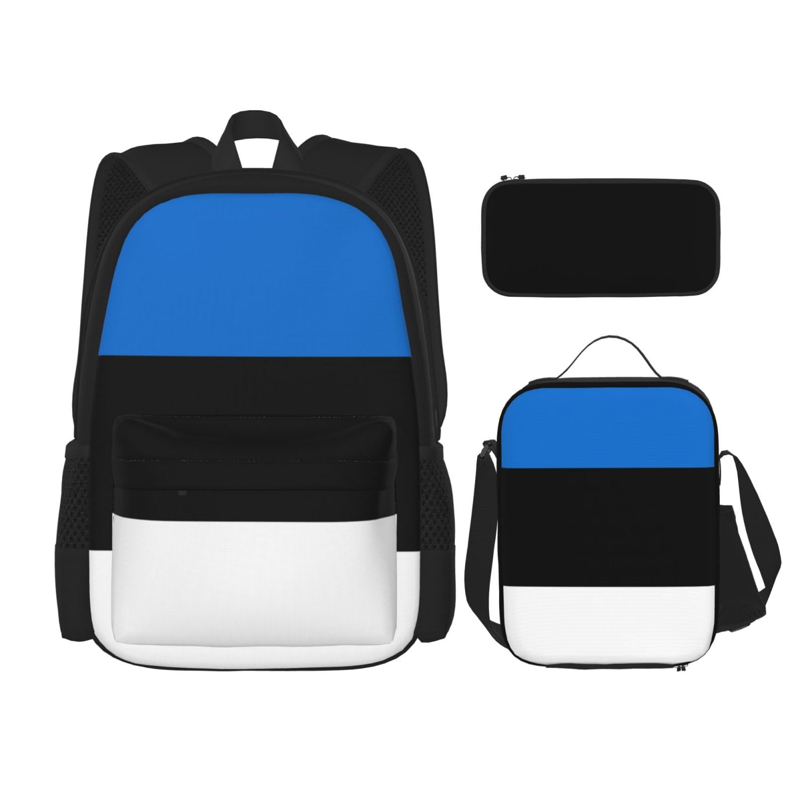 WURTON 3-in-1-Set mit Estland-Motiv, lässig, verstellbar, Schulter-Rucksack, Lunchtasche, Federmäppchen, Beutel, Schwarz, Einheitsgröße