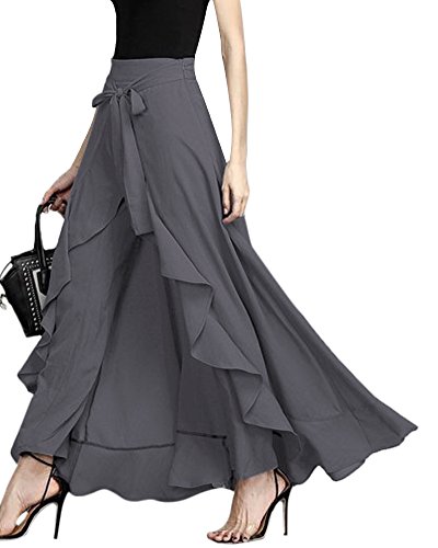 ShallGood Damen Sommer Elegant Hosenrock Mode Hohe Taille Einfarbig Irregular Rüschen Freizeithose Yogahose Partykleid Lang (XX-Large, Grau)