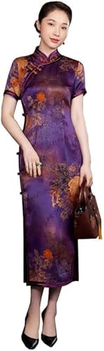 Qipao Damen Cheongsam-Pfingstrosen-Print aus Maulbeerseide, schmales Kleid 3555, Lila, M-L