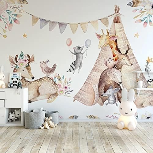 XLMING Handbemaltes Niedliches Tier Blumen Elch Giraffe Kinderzimmer Kinderzimmer 3D Tapete Wohnzimmer Sofa Schlafzimmer Esszimmer Home Dekoration Wand-400cm×280cm