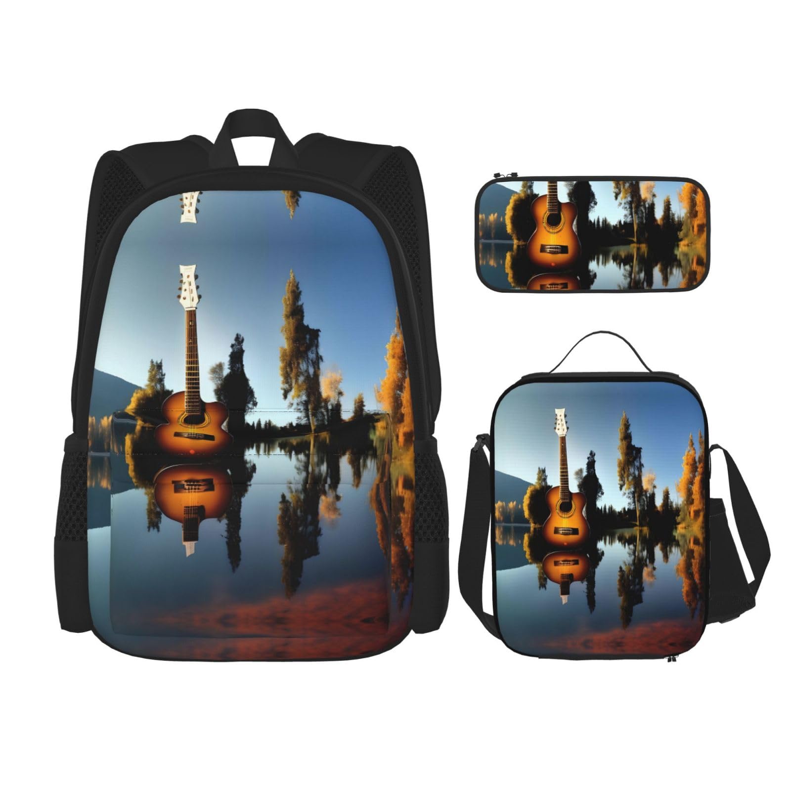 WURTON Lake Guitar Reflection Print Lunchbox Federmäppchen Rucksack Set 3 Stück Verstellbare Träger Langlebig Leicht Schwarz Einheitsgröße, Schwarz, One Size