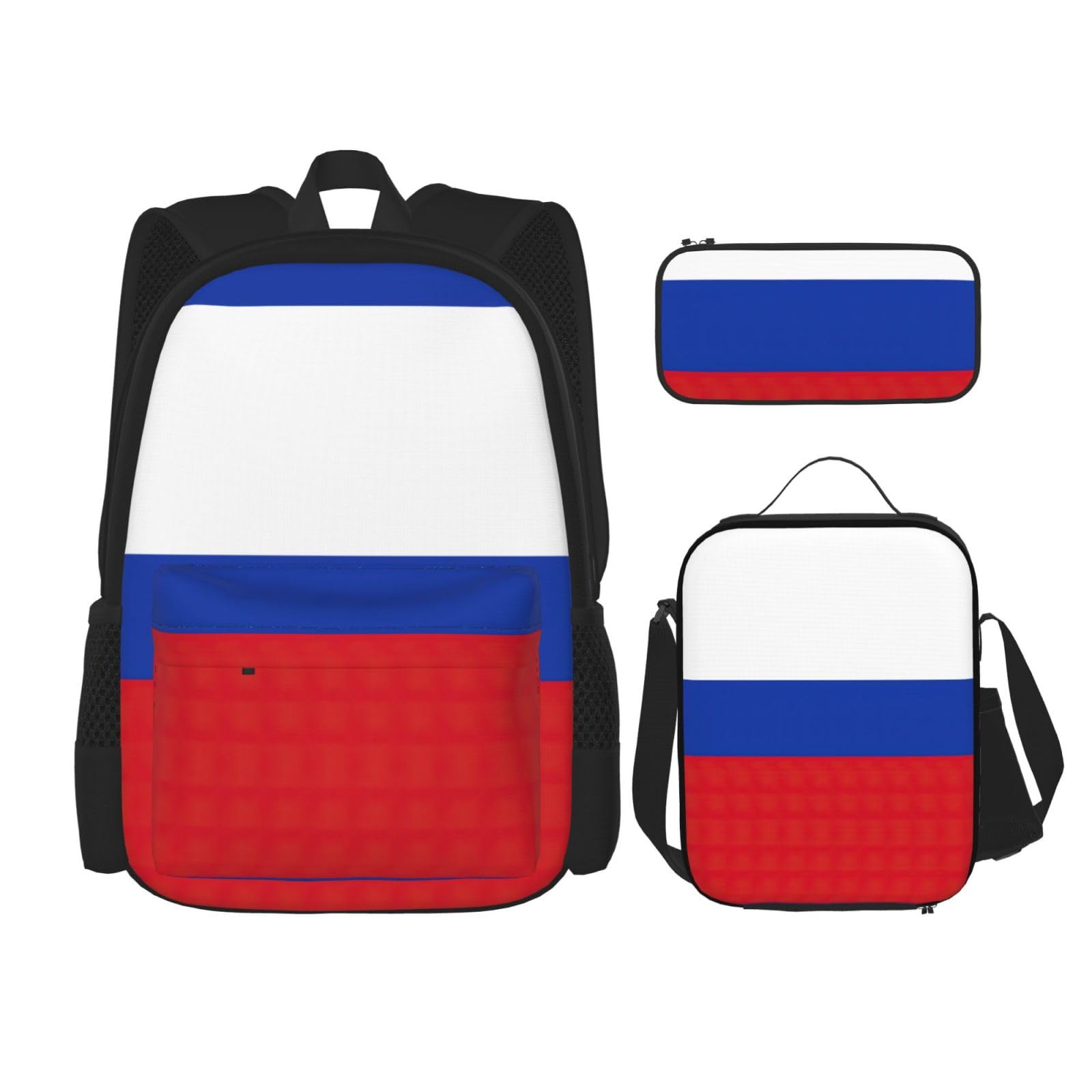 WURTON Lunchbox mit russischer Flagge, Federmäppchen, Rucksack-Set, 3-teilig, verstellbare Riemen, langlebig, leicht, Schwarz, One Size