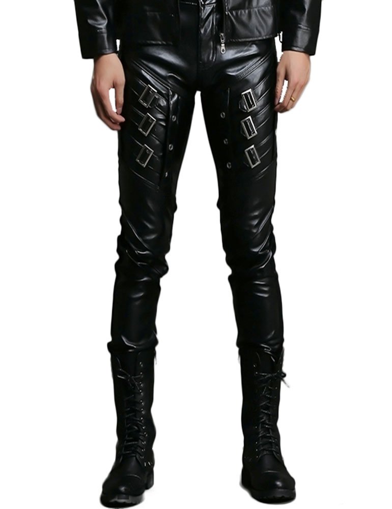 Idopy Herren Bikerhose aus weichem PU-Kunstleder, schmale Passform, Schwarz - Schwarz - 49