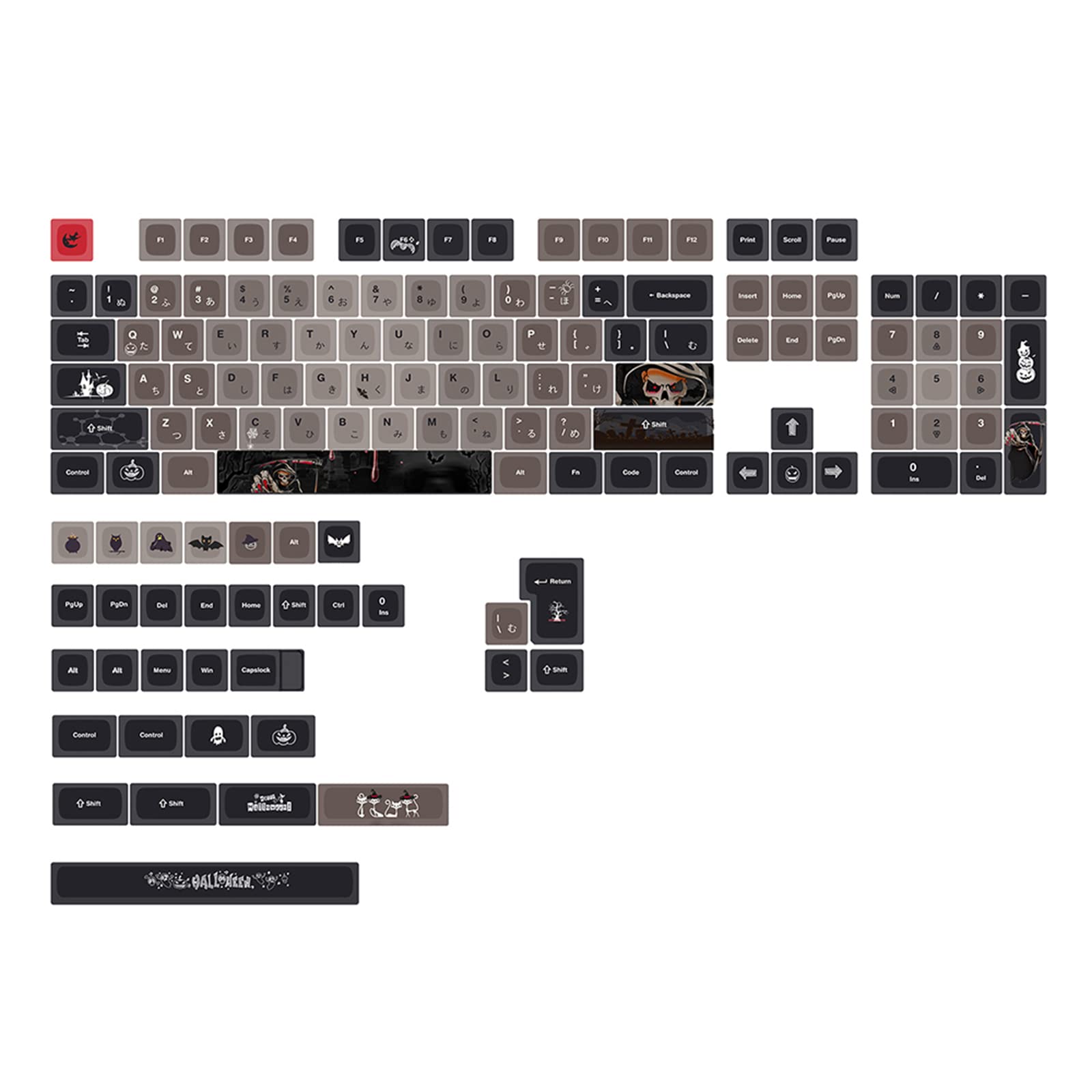 137Keys Halloween-Thema-Tastenkappe, XDA-Profil, Farbstoff-Sublimation, PBT-Tastenkappen für mechanisches Tastaturlayout, 7U, geteilter Raum, Halloween-Tastenkappen-Set