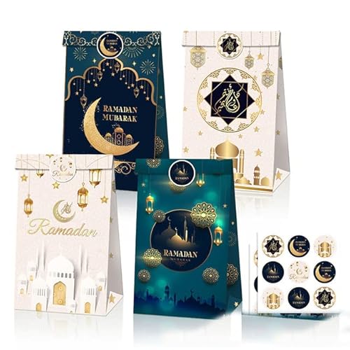 12 Stück 22 * 12 * 8 cm Eid Mubarak festliche Geschenkverpackungsbeutel Süßigkeiten Kekse Kraftpapiertüte Ramadan Kareem Wohnkultur Einkaufstaschen-E,22 12 8