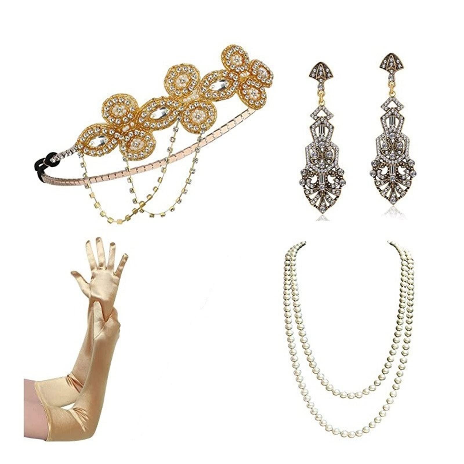 SANRLO Stirnbänder, Haar-Accessoires für Damen, Flapper-Accessoires für Damen, 1920er-Jahre, Gatsby-Kostüm-Accessoire, brüllende 20er-Jahre, Flapper-Stirnband, Ohrringe, Handschuhe, Halsketten-Set